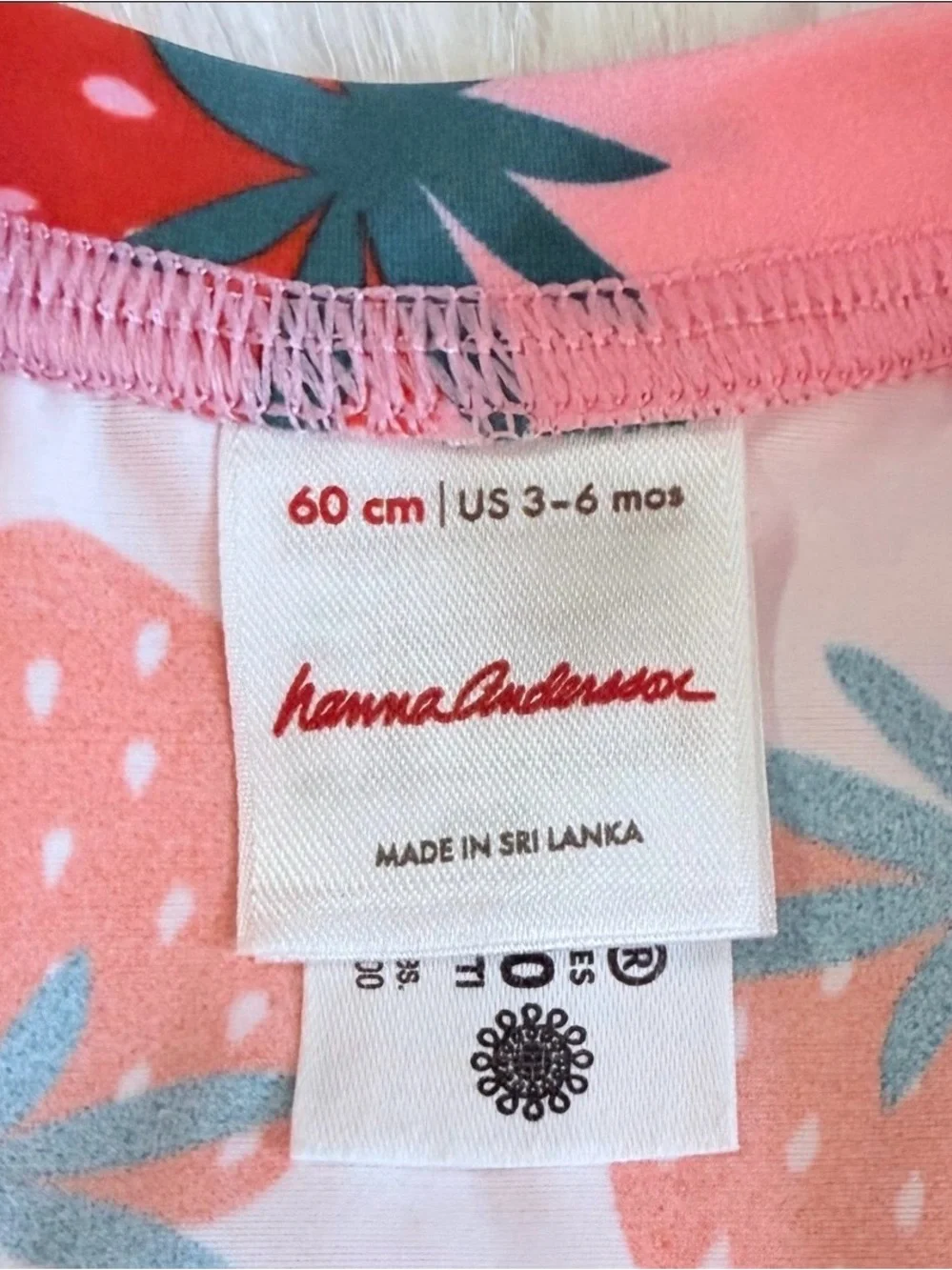 Hanna Andersson Pink Rashguard Swimsuit/Hat with Strawberry Print 3-6 months.
